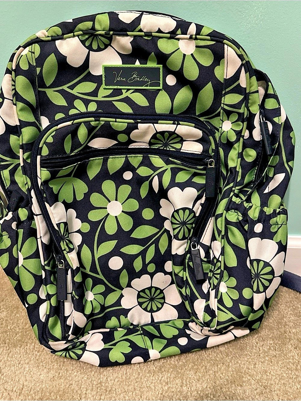 Vera Bradley Large lighten up Backpack navy& Green LUCKY YOU
